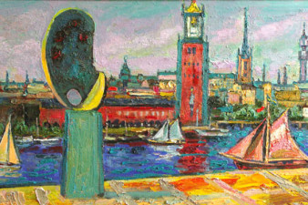 Вид на ратушу и памятник художникам в Стокгольме. Холст, масло. 60х100